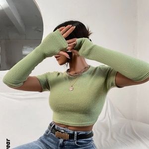 SHEIN Ribbed Knit Crop Sweater With Elbow Sleeve💚